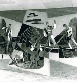 Wandbild-Kachelmosaik, Original im Pausenhof der Schule Lemsal, ausgeführt 1965 (Foto schwarz/weiß)